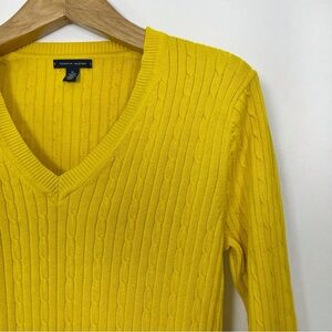 Tommy Hilfiger Mustard Yellow 100% Cotton Cable Knit V-Neck Sweater Size XL